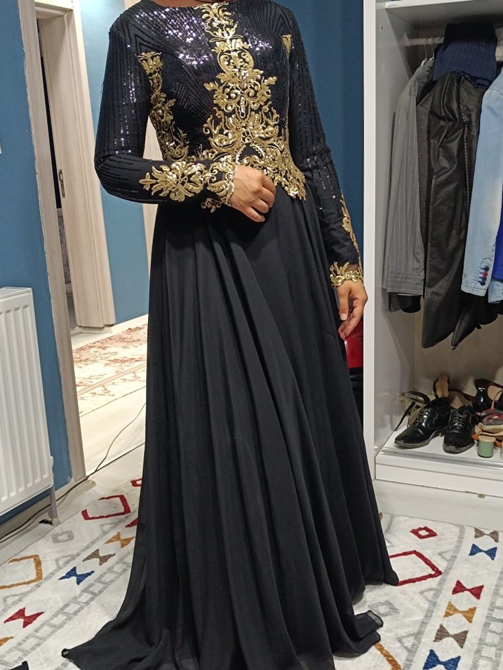 Siyah Uzun Abiye Elbise, Yüksek Yaka, Drapeli 38beden - Görsel 3