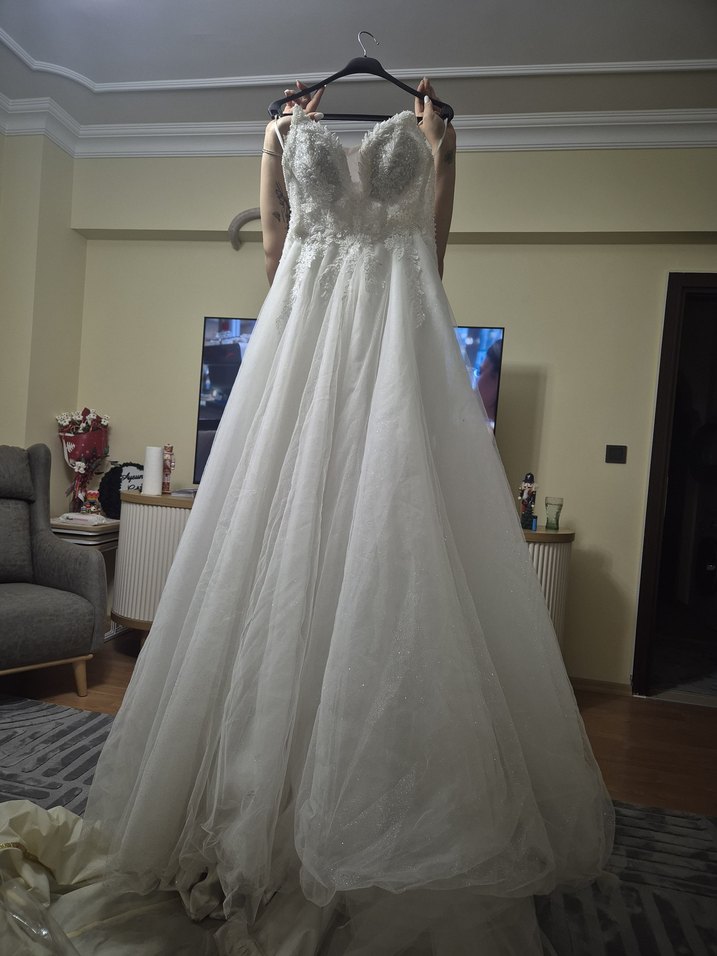 Beyaz Straplez A Kesim Uzun Gelinlik - Görsel 3