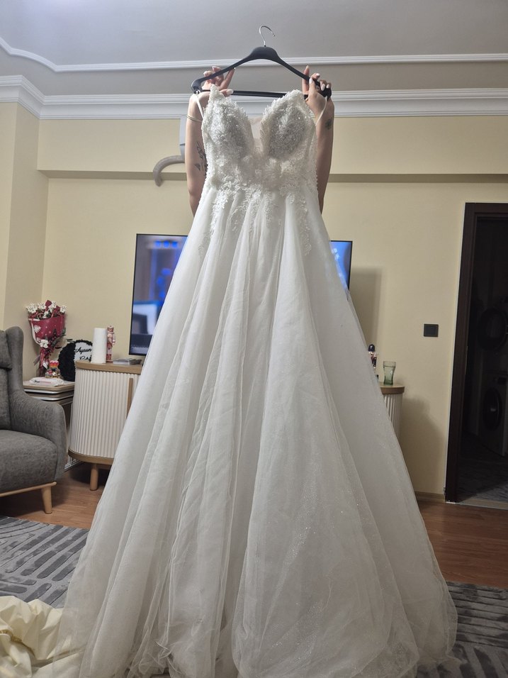 Beyaz Straplez A Kesim Uzun Gelinlik - Görsel 2