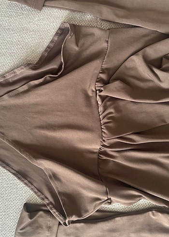 Kahverengi V Yaka Uzun Kollu Drapeli Bluz - Görsel 6