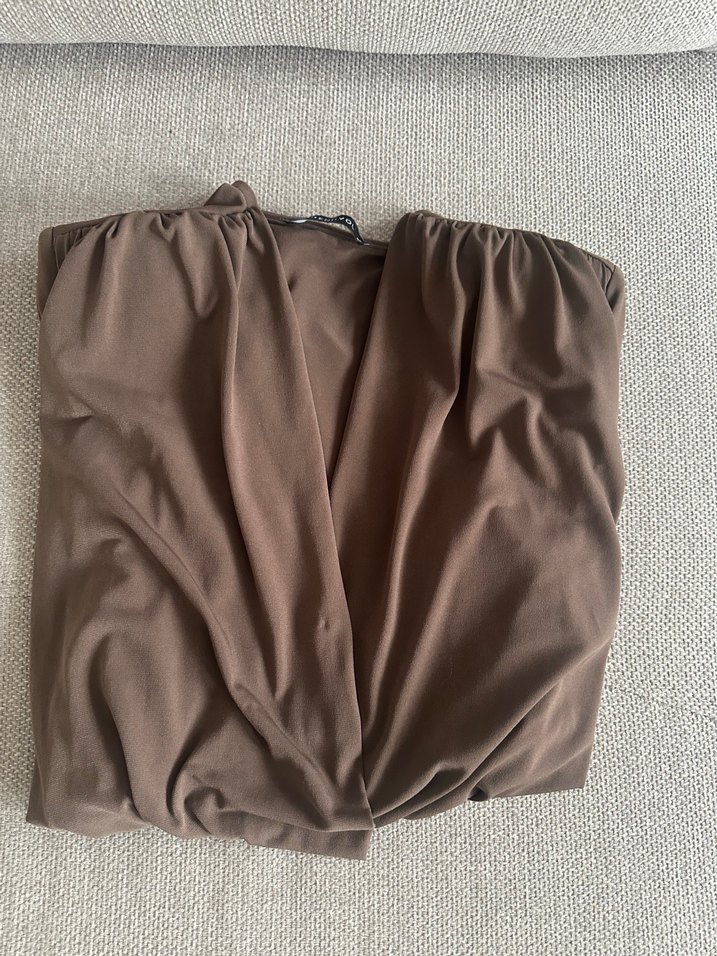 Kahverengi V Yaka Uzun Kollu Drapeli Bluz - Görsel 5