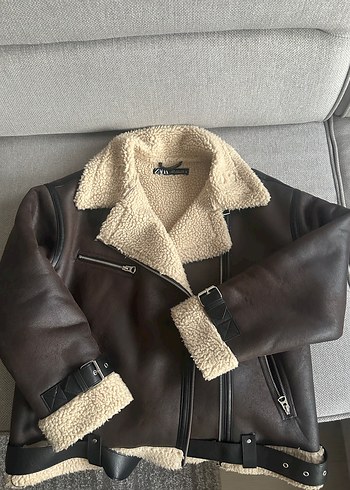 Kahverengi kürklü biker ceket - Görsel 3