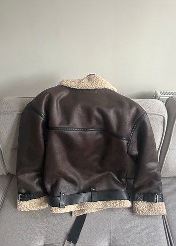 Kahverengi kürklü biker ceket - Görsel 5