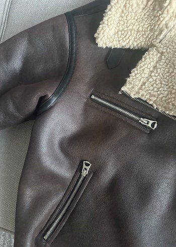 Kahverengi kürklü biker ceket - Görsel 11