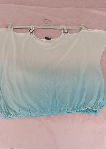 xl Beden açık omuzlu askılı Desenli Bluz mavi beyaz