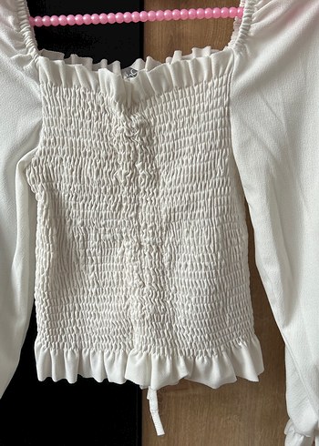 Uzun Kollu Beyaz Straplez Pamuk Bluz - Görsel 2