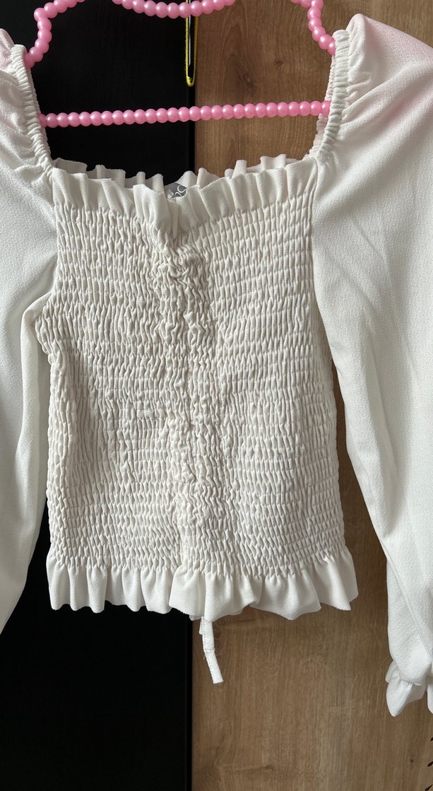 Uzun Kollu Beyaz Straplez Pamuk Bluz - Görsel 2