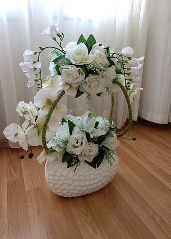 Beyaz Yapay Çiçekli Dekoratif Vazo - Görsel 5