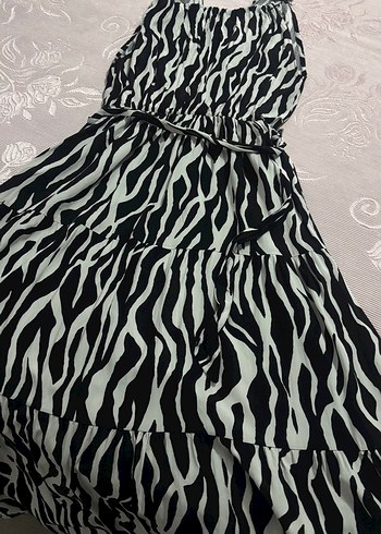 Siyah Gri Zebra Desenli Uzun Bohem Elbise