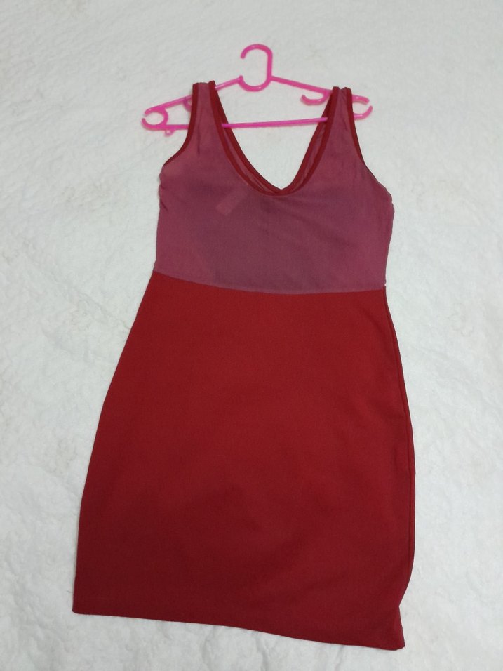 Kırmızı Drapeli Straplez Midi  Elbise - Görsel 4