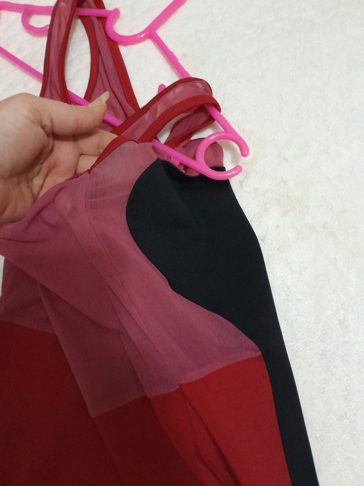 Kırmızı Drapeli Straplez Midi  Elbise - Görsel 2