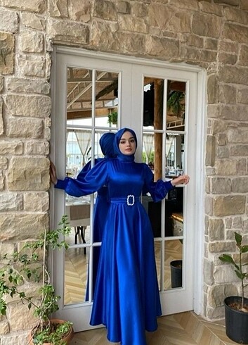 LAVENDEL Kadın Mavi Saten Kemerli Elbise 