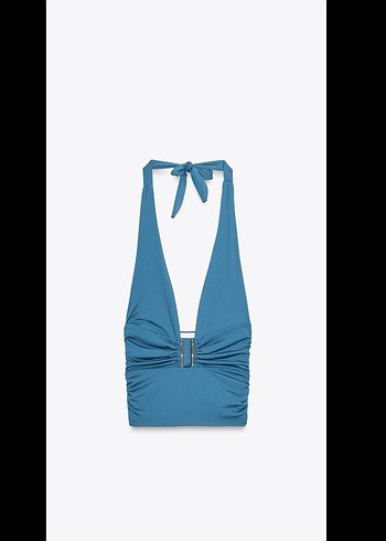 Mavi V Yaka Kemerli Mini Bluz - Görsel 2