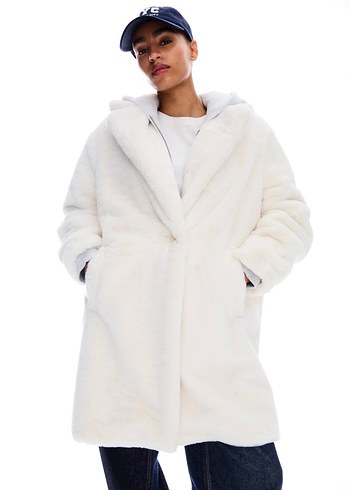 Beyaz Midi Kadın Kürk Detaylı Mont - Görsel 2