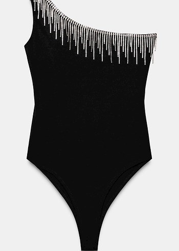 Pullu Siyah Tek Omuzlu Body Zinciri S beden - Görsel 2