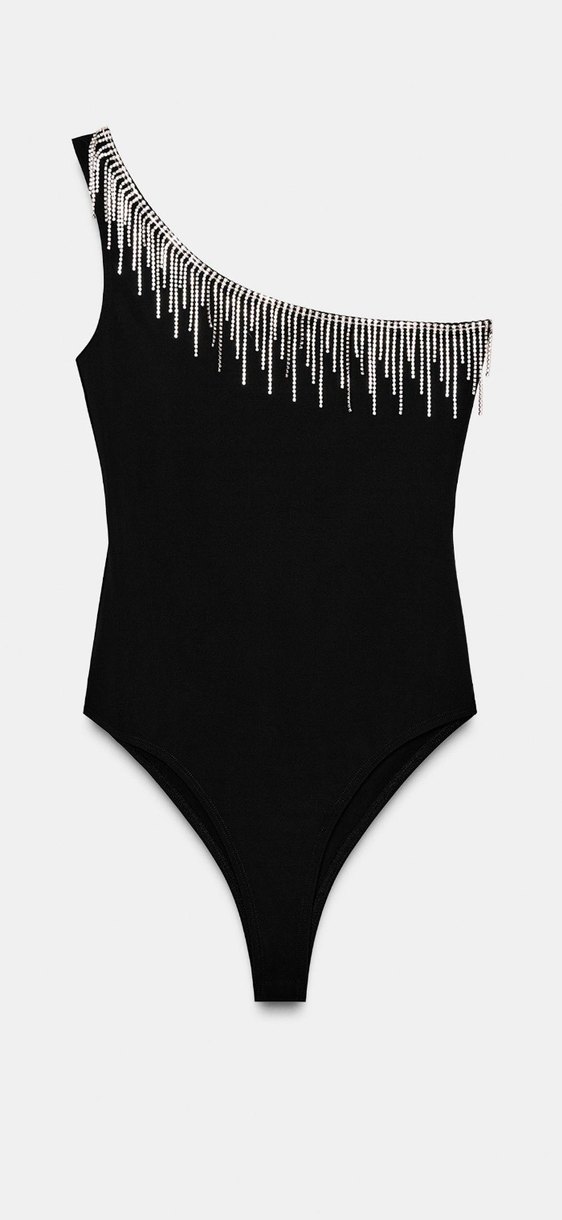 Pullu Siyah Tek Omuzlu Body Zinciri S beden - Görsel 2