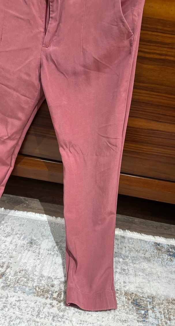 Düğmeli Pembe Süet Kadın Pantolon - Görsel 4