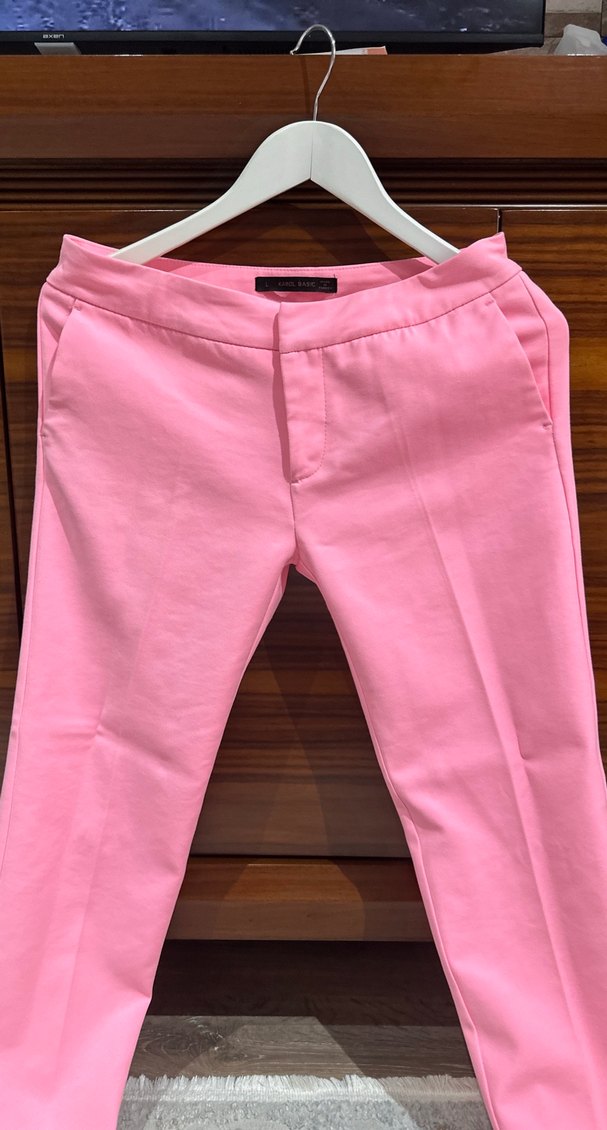 Pembe Midi Kumaş Kadın Pantolon - Görsel 3