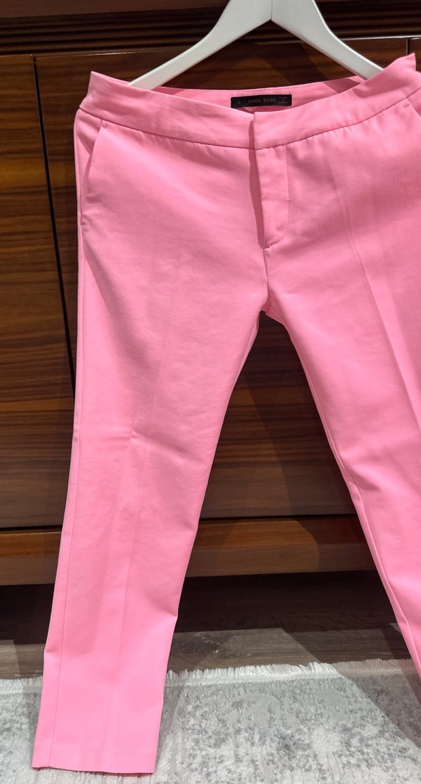 Pembe Midi Kumaş Kadın Pantolon - Görsel 2