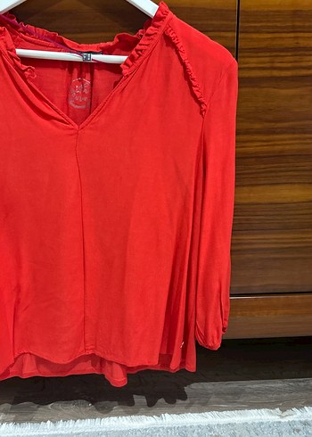Kırmızı V Yakalı Salaş Kadın Bluz - Görsel 3