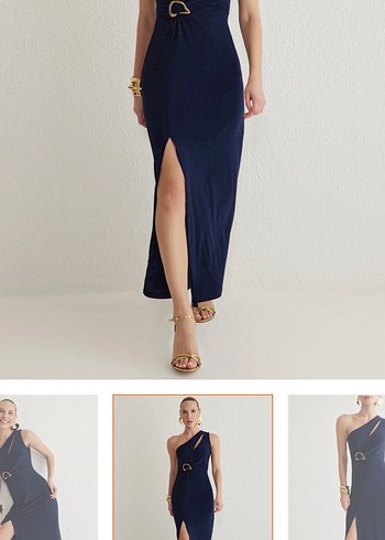 Lacivert Drapeli Uzun V Yaka Elbise - Görsel 3