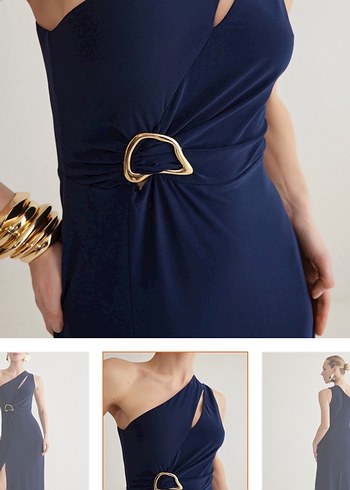 Lacivert Drapeli Uzun V Yaka Elbise - Görsel 2