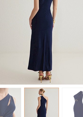 Lacivert Drapeli Uzun V Yaka Elbise - Görsel 4