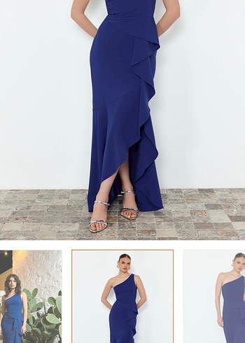 Lacivert V Yakalı Uzun Kadın Elbise - Görsel 3