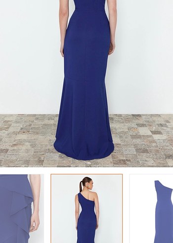 Lacivert V Yakalı Uzun Kadın Elbise - Görsel 4