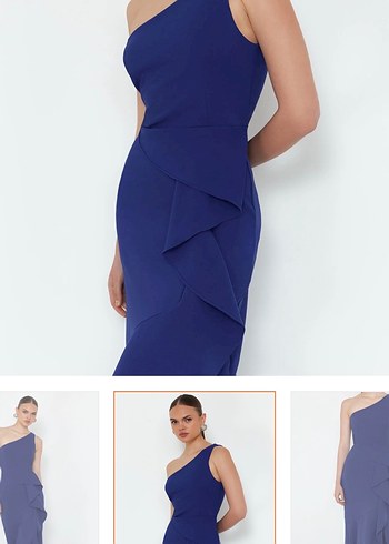 Lacivert V Yakalı Uzun Kadın Elbise - Görsel 2