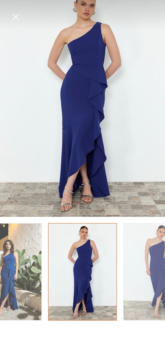 Lacivert V Yakalı Uzun Kadın Elbise - Görsel 3