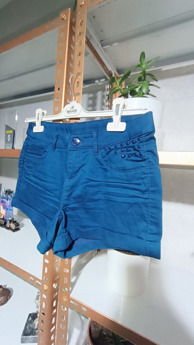 Düğmeli Koyu Mavi Denim  Mini Şort - Görsel 2