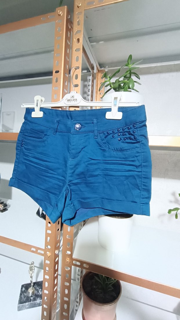 Düğmeli Koyu Mavi Denim  Mini Şort - Görsel 3