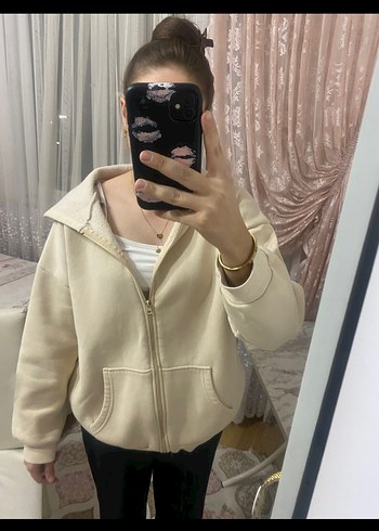 Bej Kapüşonlu Fermuarlı Kadın Sweatshirt - Görsel 3