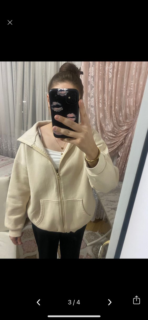 Bej Kapüşonlu Fermuarlı Kadın Sweatshirt - Görsel 3