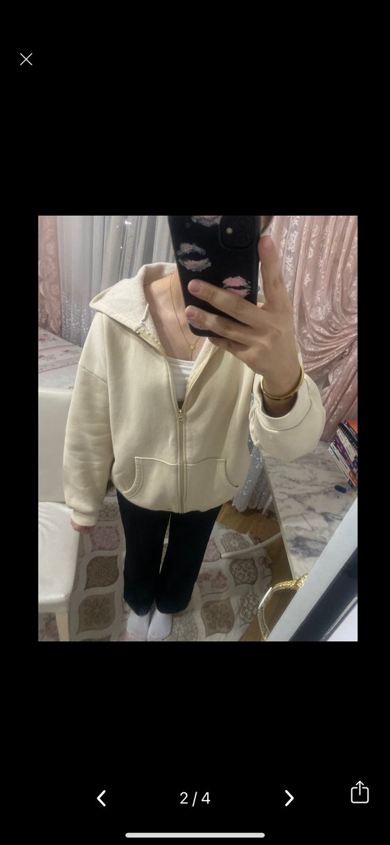 Bej Kapüşonlu Fermuarlı Kadın Sweatshirt - Görsel 2