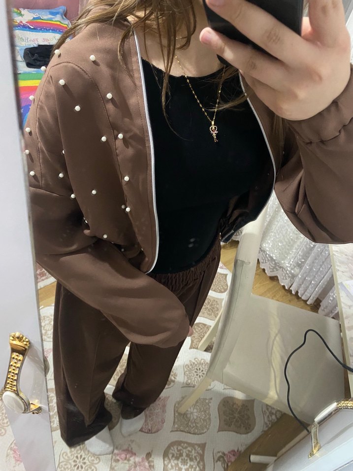 Zincir Detaylı Kahverengi Deri Kadın Ceket - Görsel 3