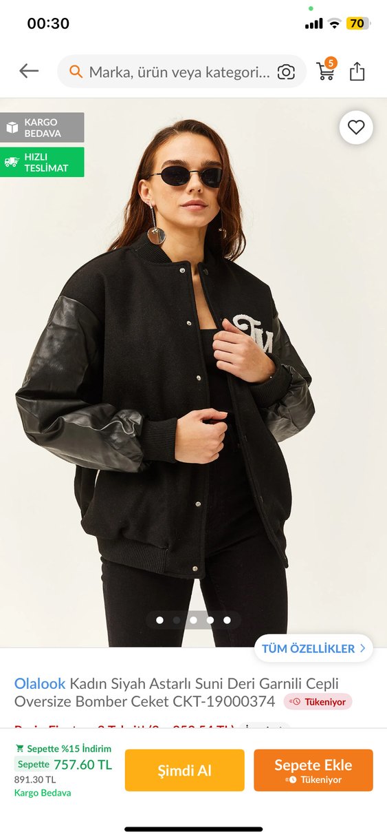 Siyah Kadın Deri Bomber Ceket - Görsel 2