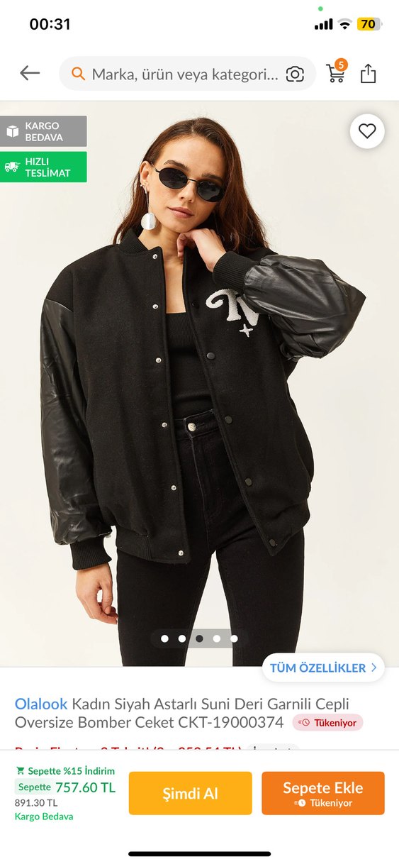 Siyah Kadın Deri Bomber Ceket - Görsel 3