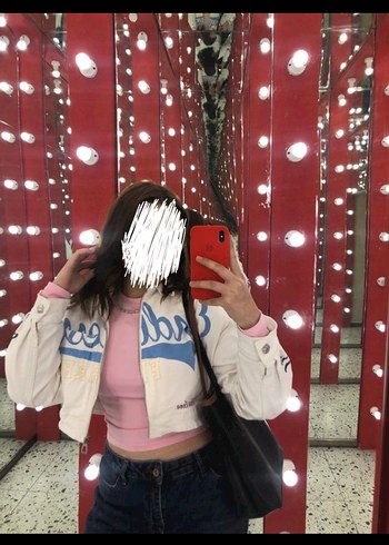 Beyaz Baskılı Kadın Crop Denim Ceket - Görsel 6