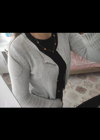 Düğmeli Gri Balıkçı Yaka Hamile Hırkası - Görsel 2