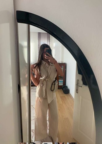m Beden Bej Kemerli Kolsuz Keten Midi takım