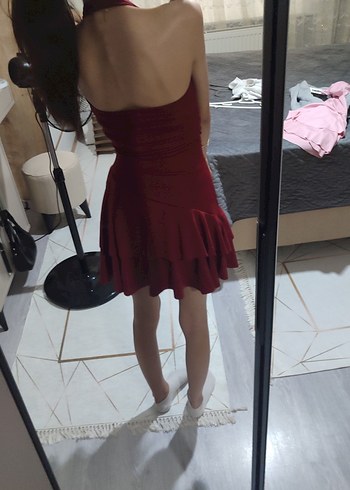 Bordo Drapeli Askılı Mini Elbise - Görsel 2