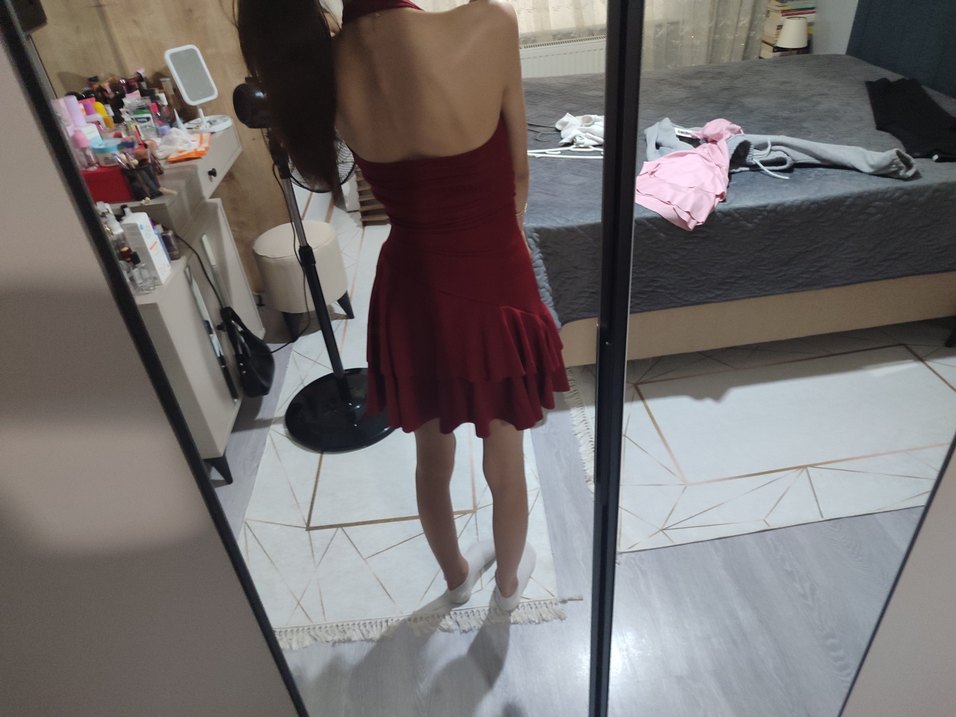 Bordo Drapeli Askılı Mini Elbise - Görsel 2