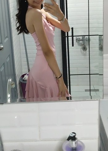 pembe Bağlama Desenli Drapeli Midi Elbise - Görsel 3