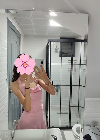 pembe Bağlama Desenli Drapeli Midi Elbise - Görsel 2