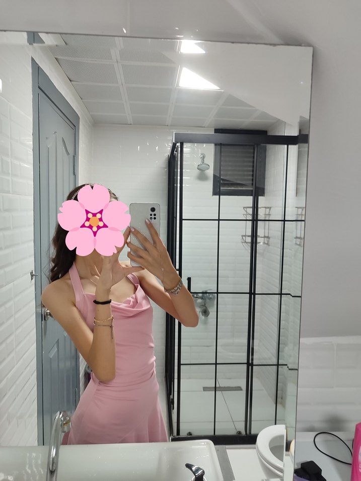 pembe Bağlama Desenli Drapeli Midi Elbise - Görsel 2