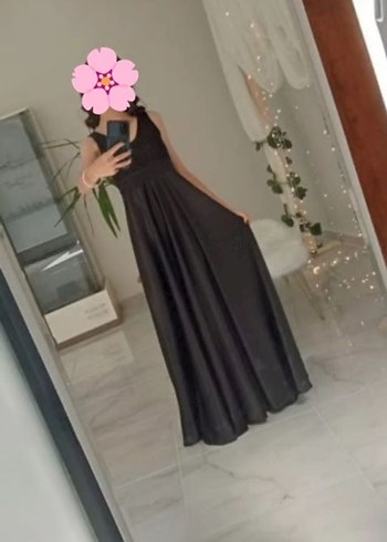 Siyah V Yakalı Uzun Kadın Abiye Elbise - Görsel 3