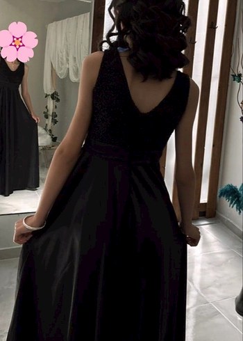 Siyah V Yakalı Uzun Kadın Abiye Elbise - Görsel 2