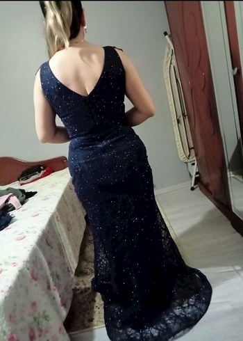 Lacivert Simli Uzun Abiye Elbise - Görsel 2